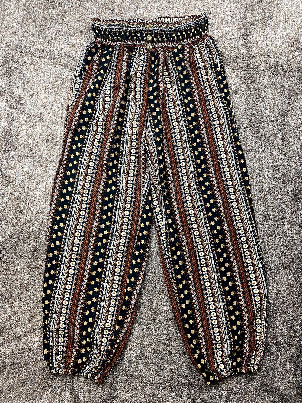 Boho Floral Print Smocked High Waist Harem Pants Women Large Brown Black Tan